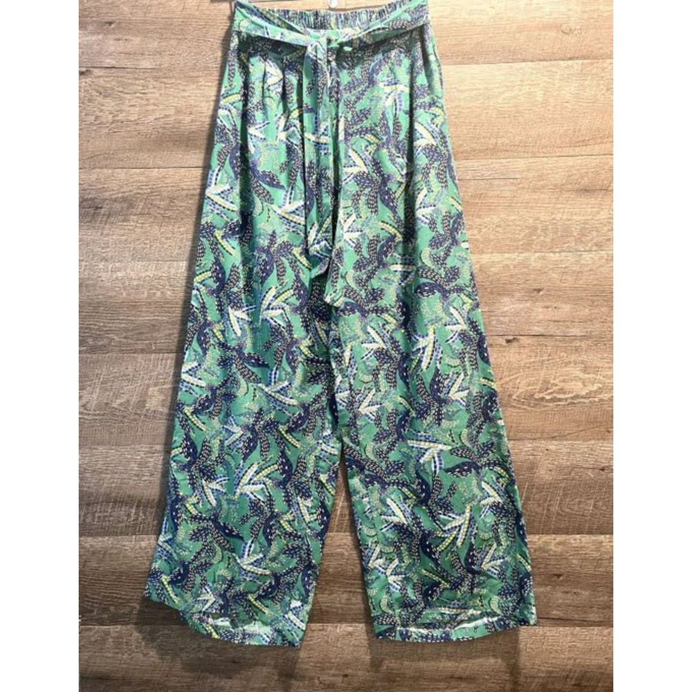 Midnight Sky Floral Linen Blend Belted Pull On Wide Leg Pants Size Medium